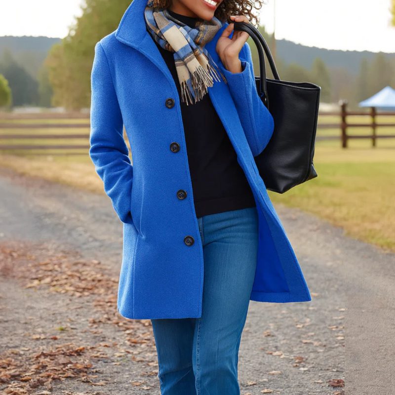 Button-Front Longline Wool Coat for Women - Blue