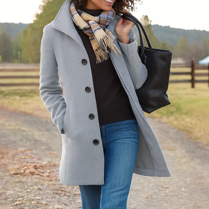 Button-Front Longline Wool Coat for Women - Light Gray