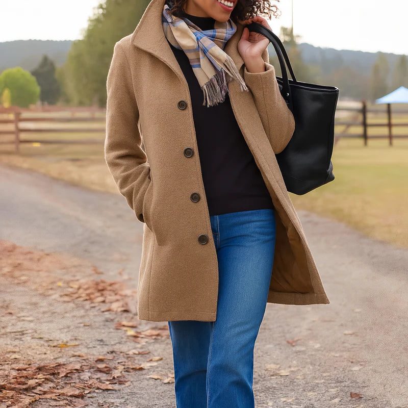 Button-Front Longline Wool Coat for Women - Khaki