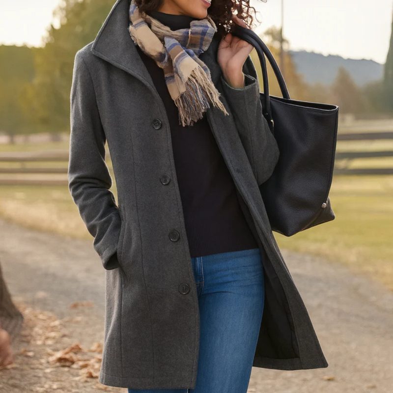 Button-Front Longline Wool Coat for Women - Gray