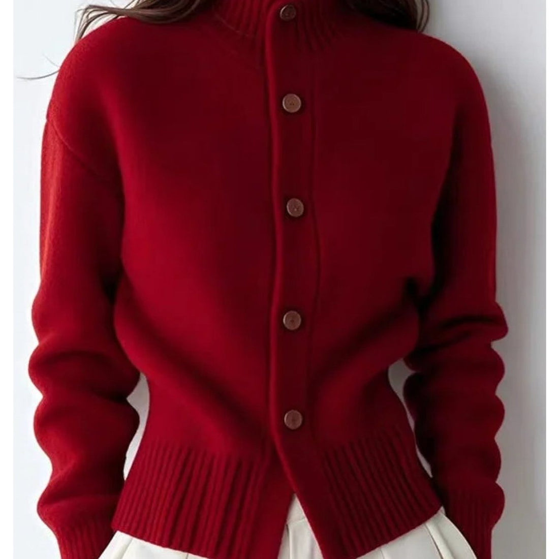 Button-Front Stand Collar Cardigan for Women - Red