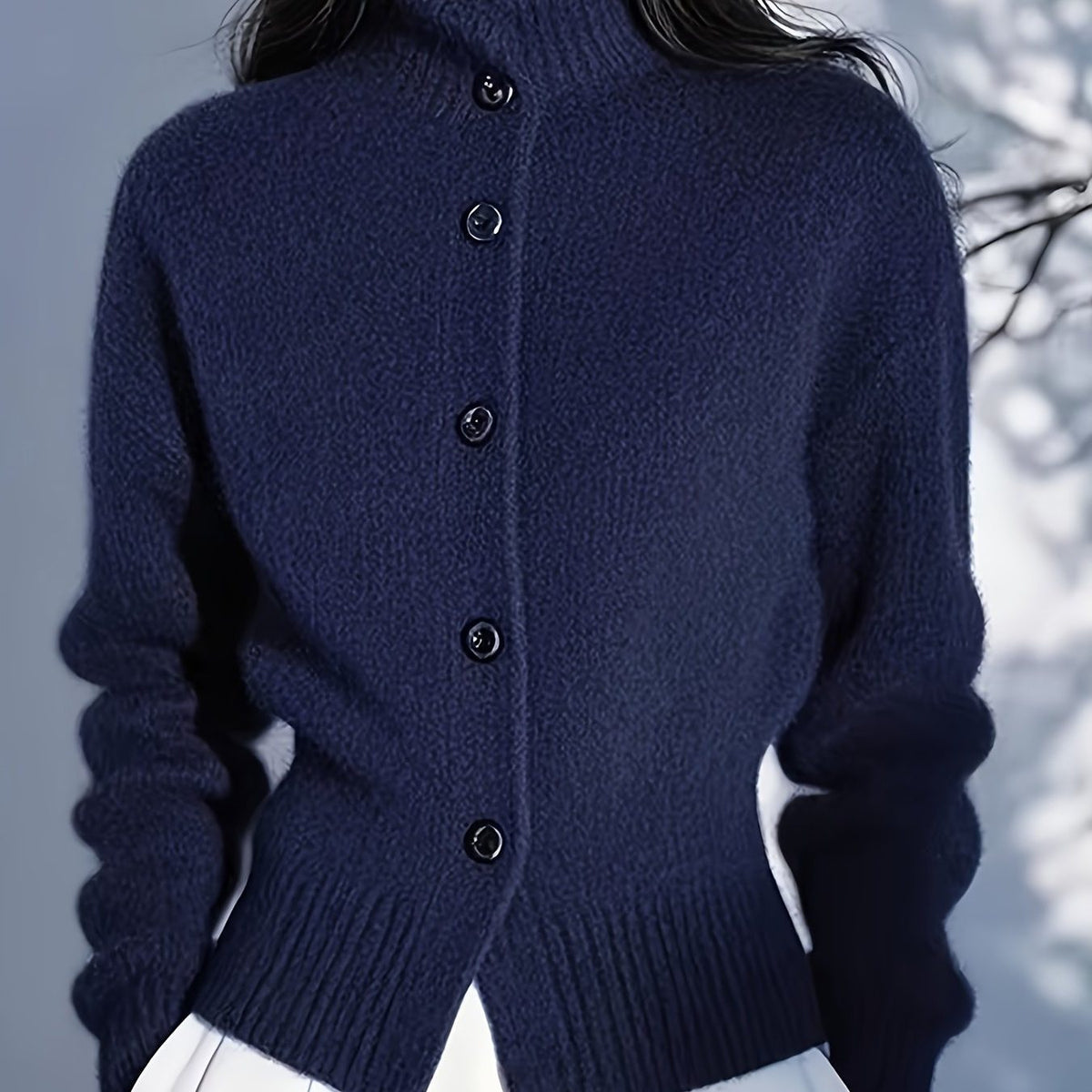 Button-Front Stand Collar Cardigan for Women - Navy
