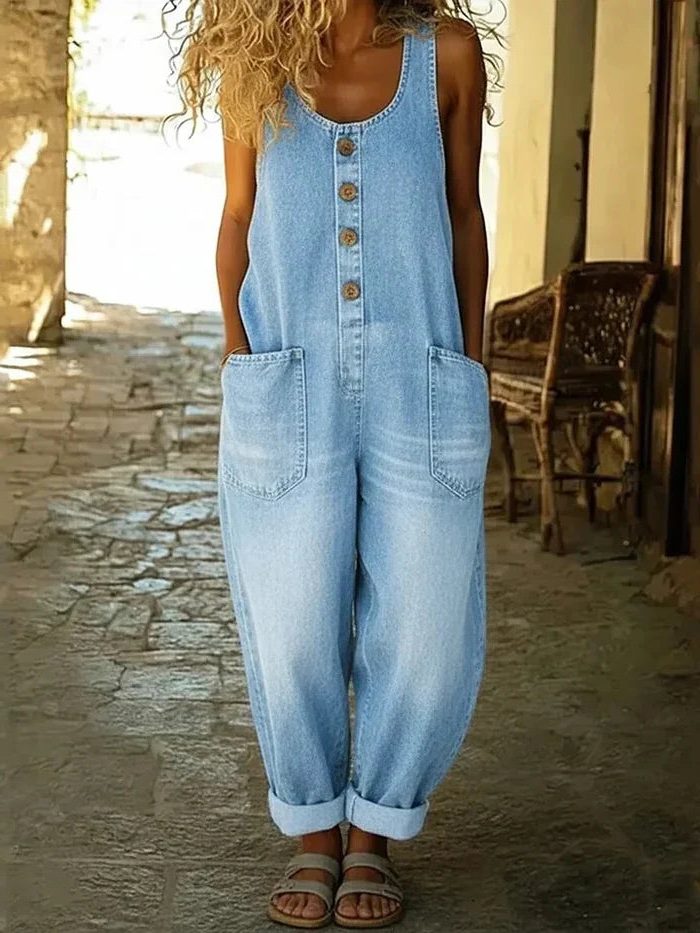 Button-Front Wide Leg Denim Jumpsuit for Women