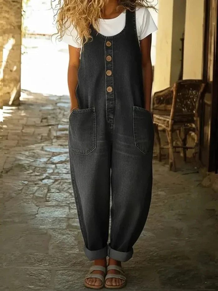 Button-Front Wide Leg Denim Jumpsuit for Women - Black