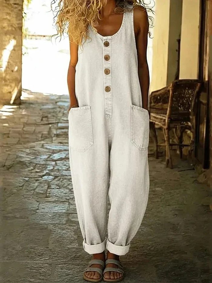 Button-Front Wide Leg Denim Jumpsuit for Women - White
