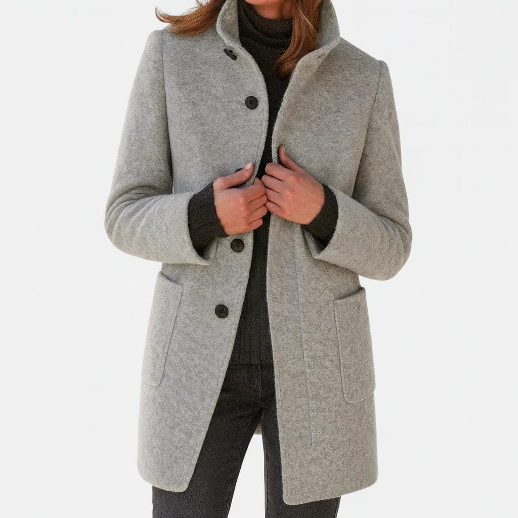 Button-Front Wool Coat for Women - Gray