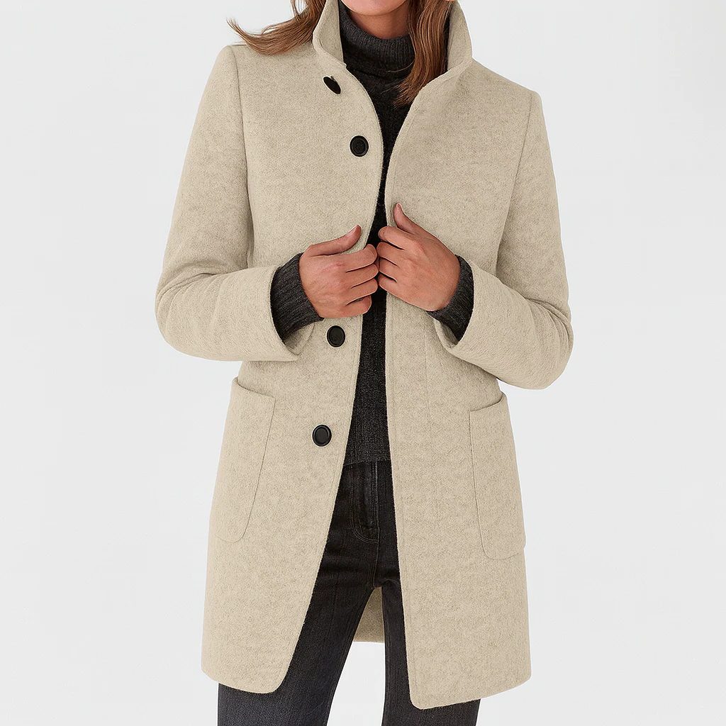 Button-Front Wool Coat for Women - Beige