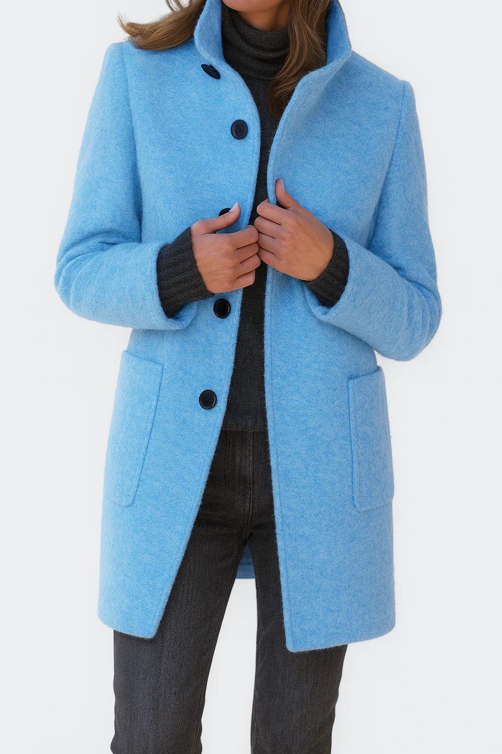 Button-Front Wool Coat for Women - Light Blue