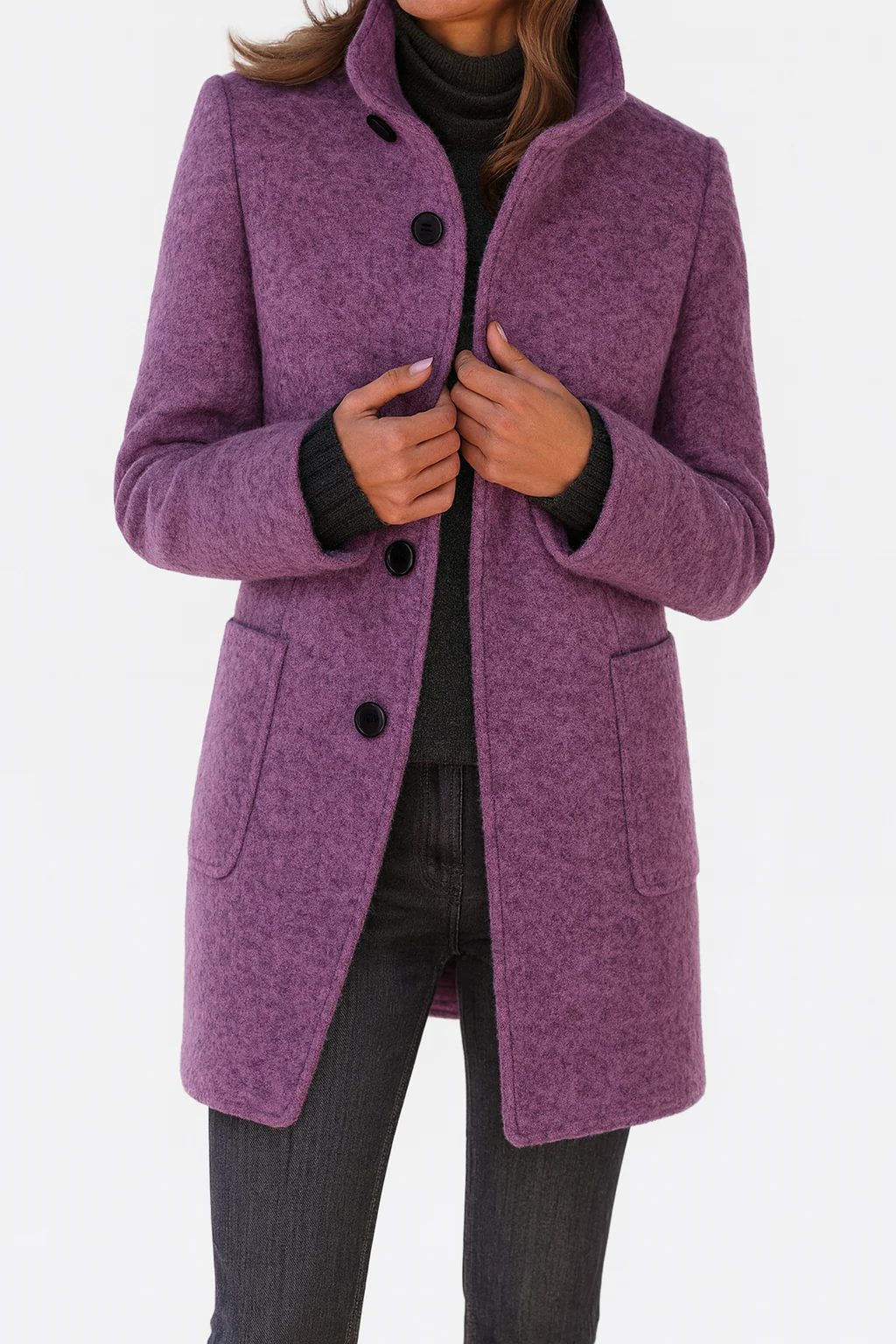 Button-Front Wool Coat for Women - Purple