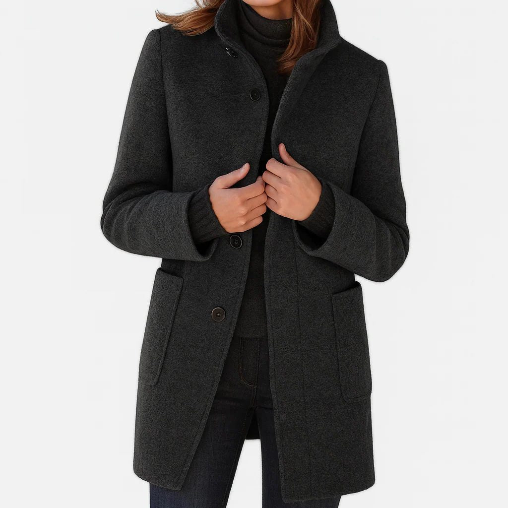 Button-Front Wool Coat for Women - Black