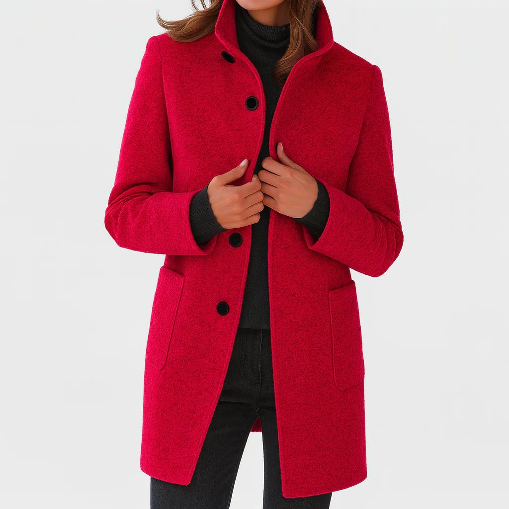 Button-Front Wool Coat for Women - Red