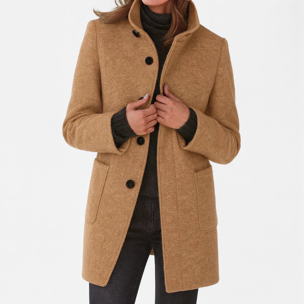 Button-Front Wool Coat for Women - Khaki