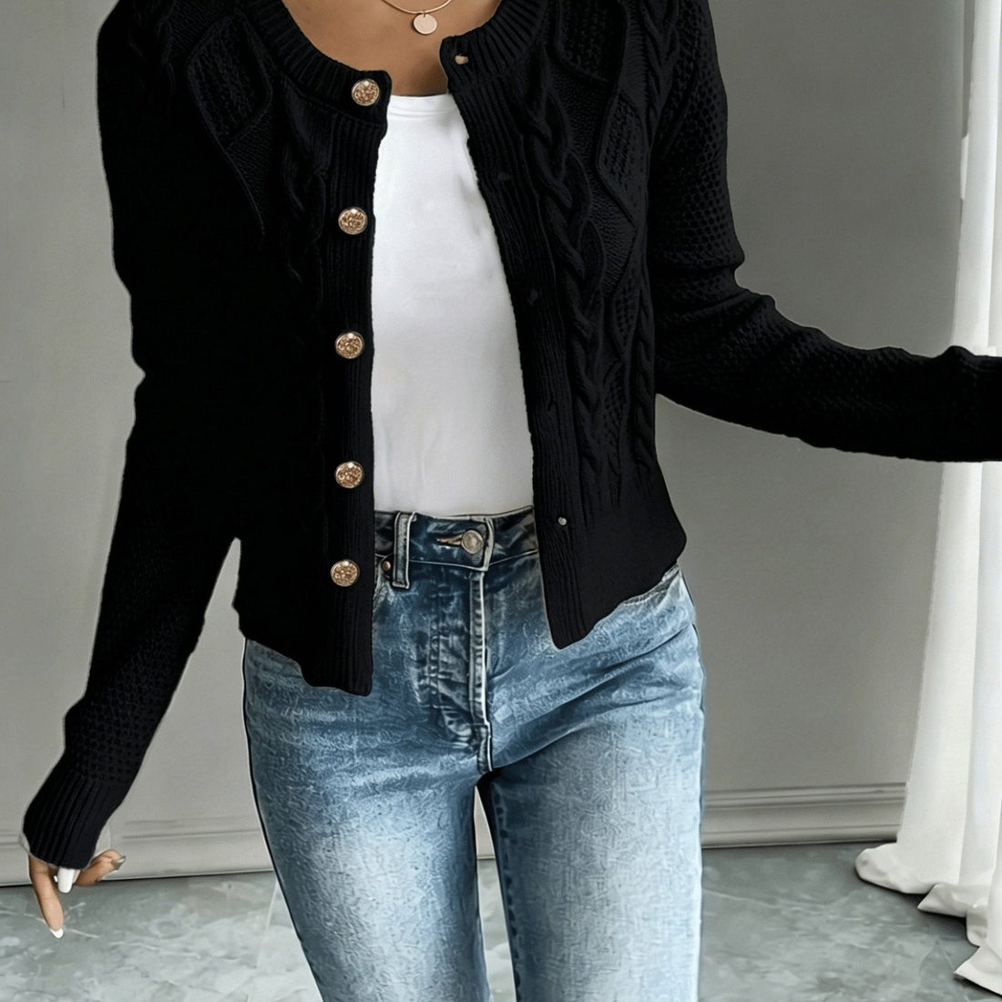 Cable-Knit Button-Front Cardigan for Women