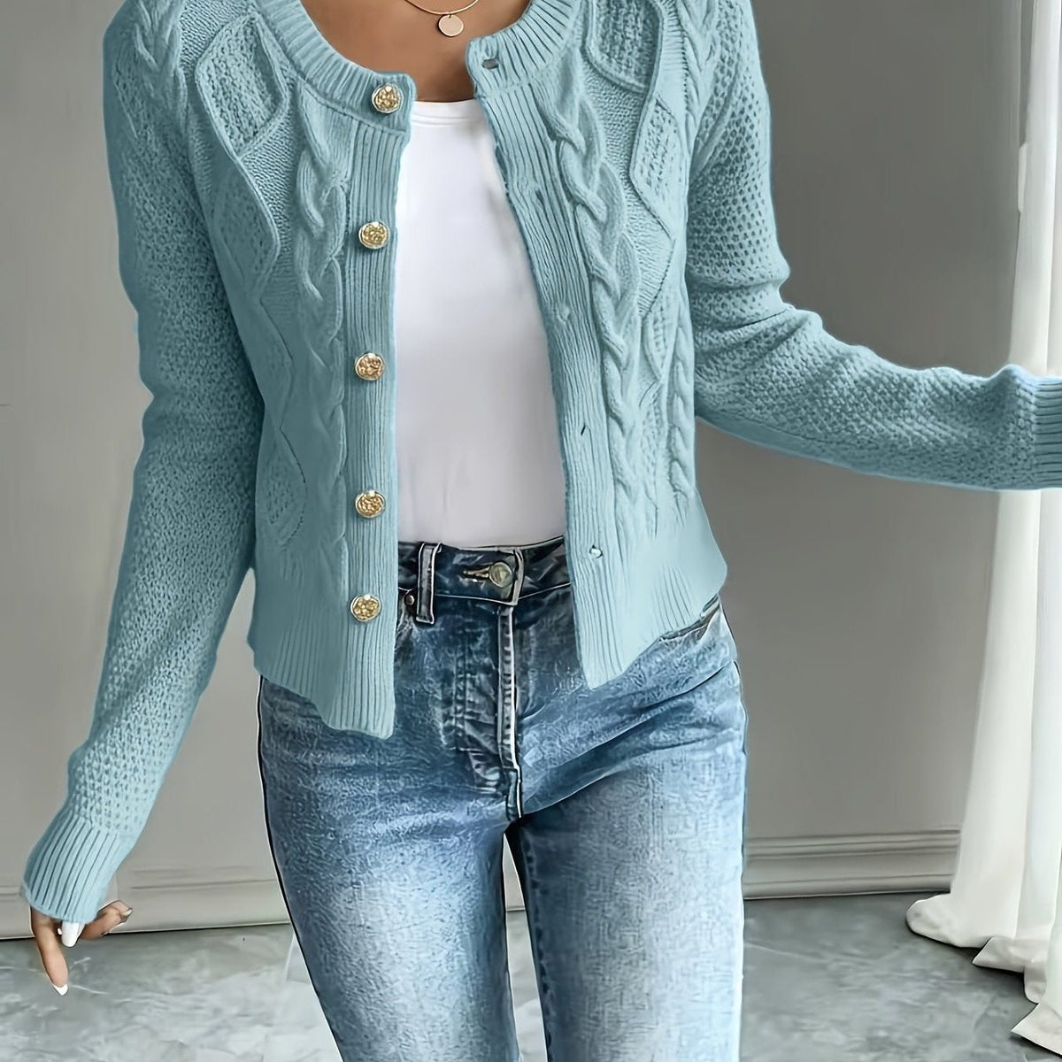 Cable-Knit Button-Front Cardigan for Women - Sky Blue