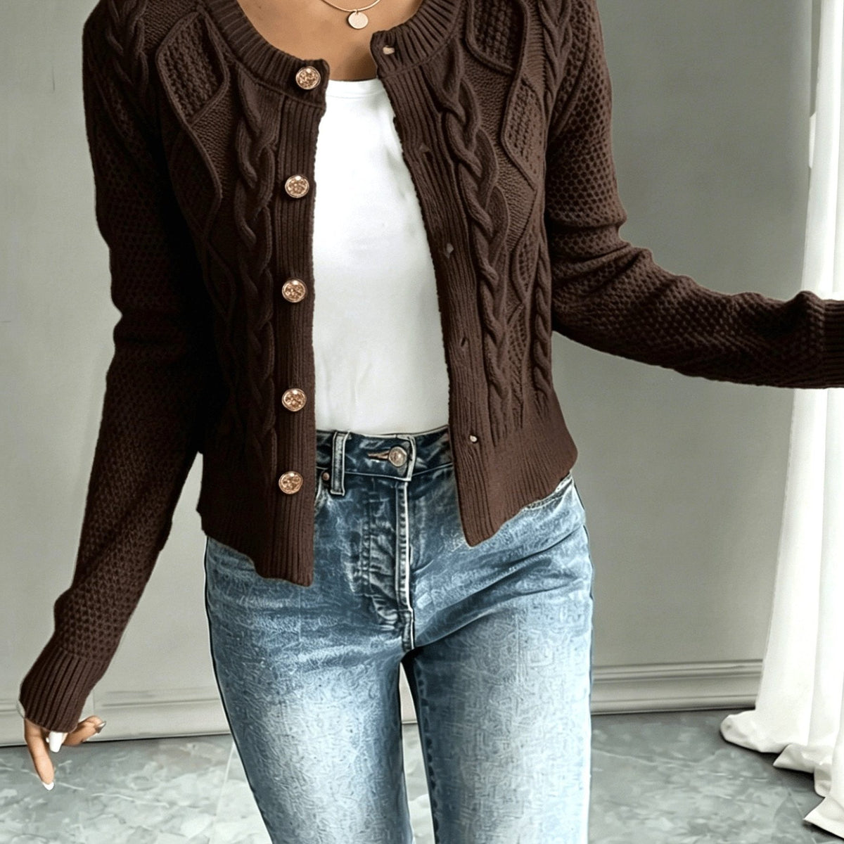 Cable-Knit Button-Front Cardigan for Women - Coffee Brown