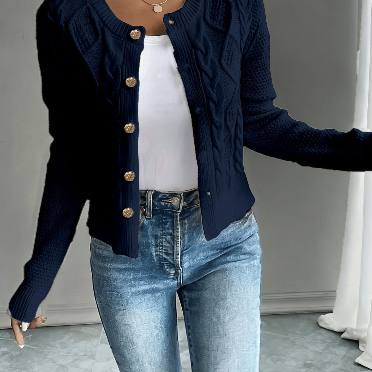 Cable-Knit Button-Front Cardigan for Women - Navy