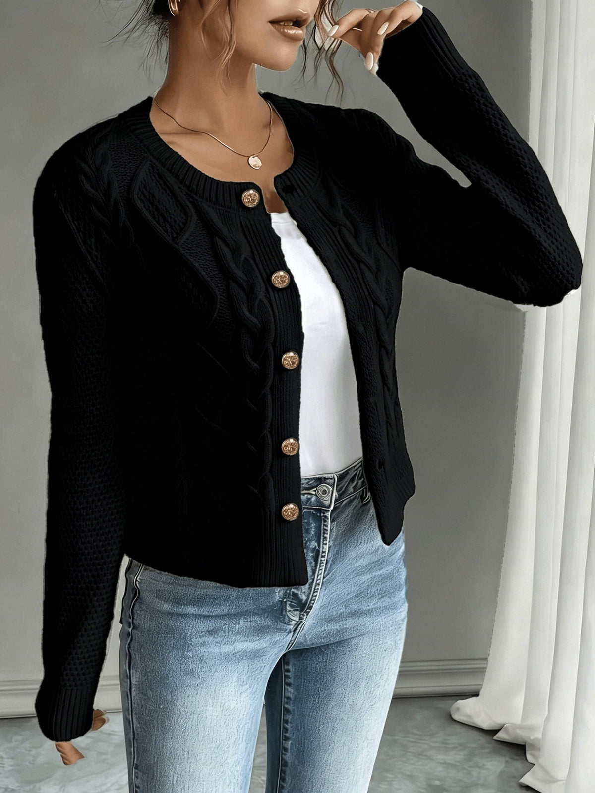 Cable-Knit Button-Front Cardigan for Women - View 3