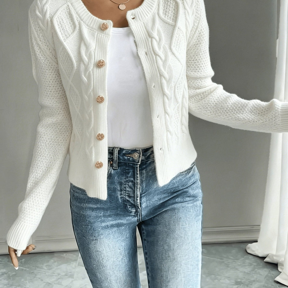 Cable-Knit Button-Front Cardigan for Women - White