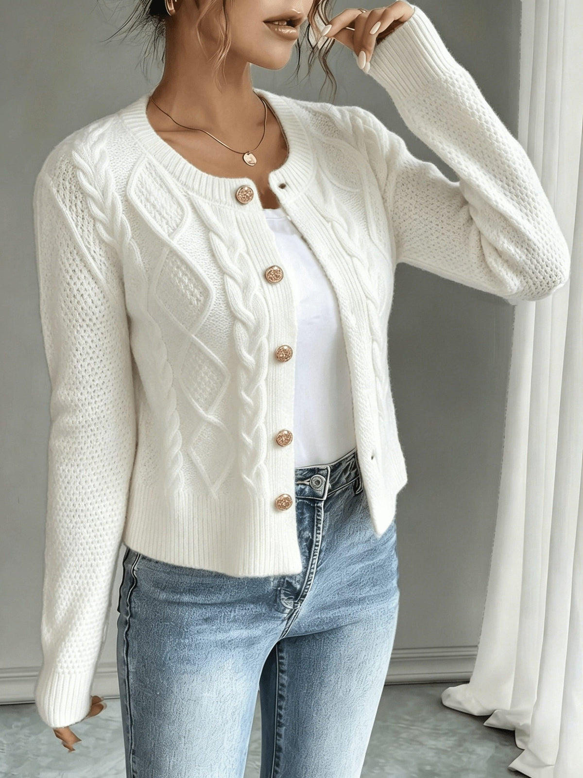 Cable-Knit Button-Front Cardigan for Women - View 33