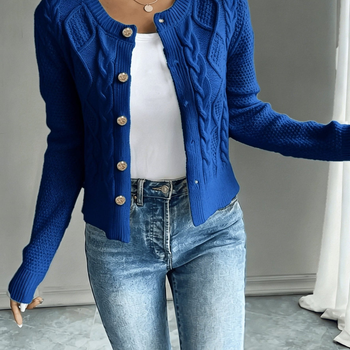 Cable-Knit Button-Front Cardigan for Women - Blue