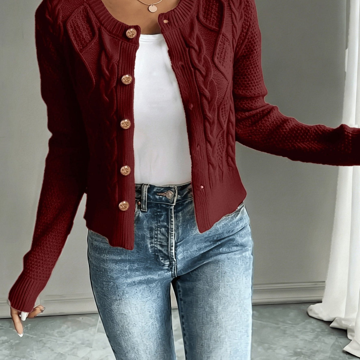 Cable-Knit Button-Front Cardigan for Women - Deep Red