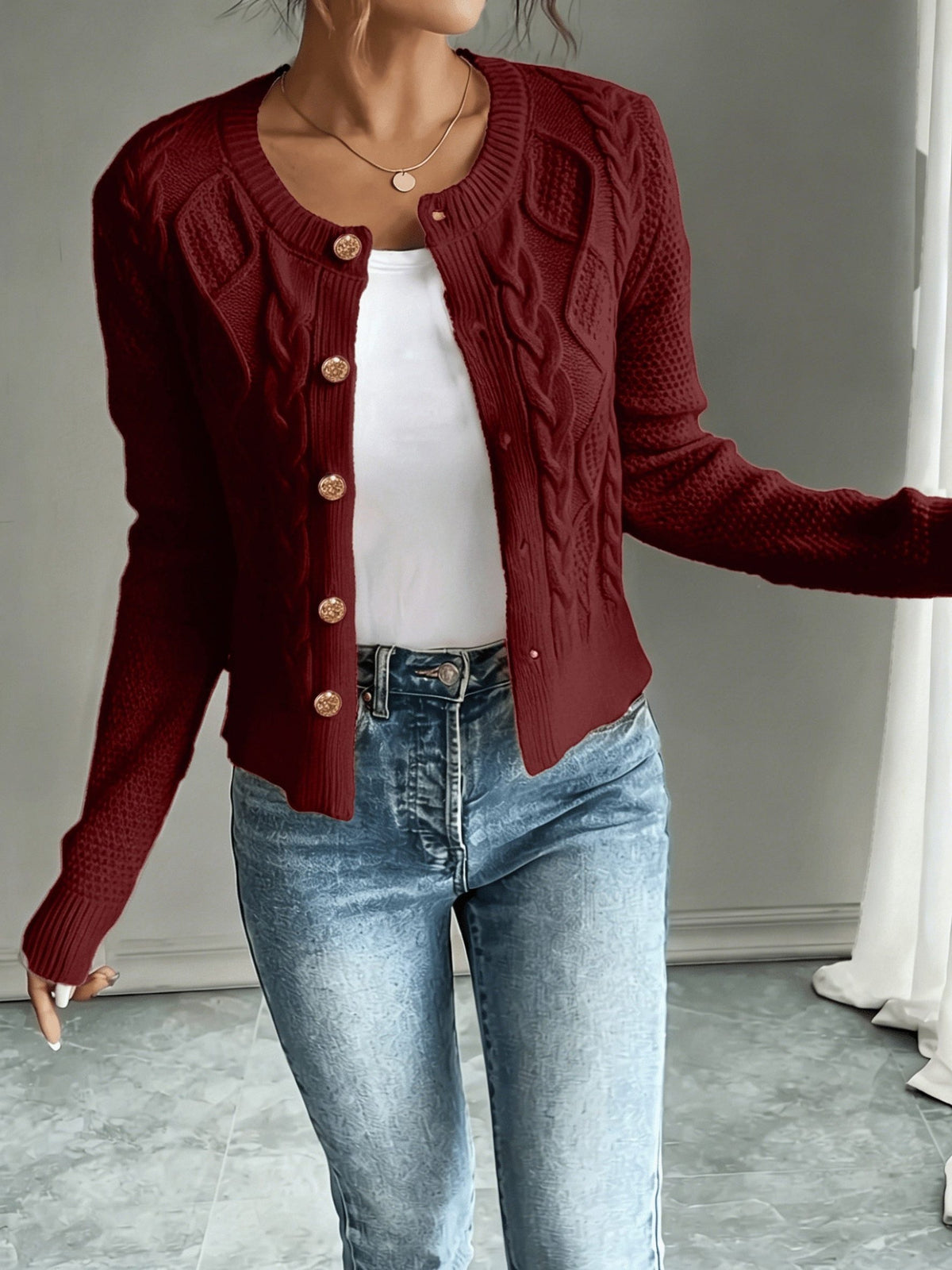 Cable-Knit Button-Front Cardigan for Women - View 7