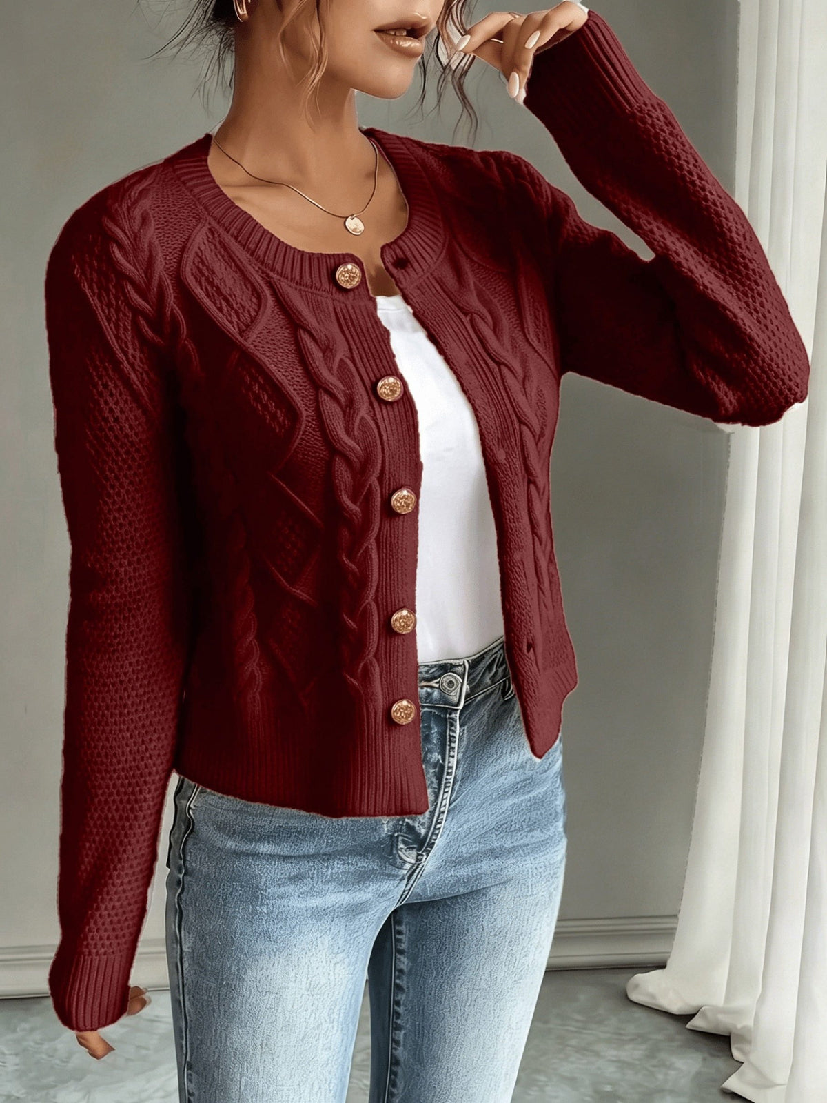 Cable-Knit Button-Front Cardigan for Women - View 9