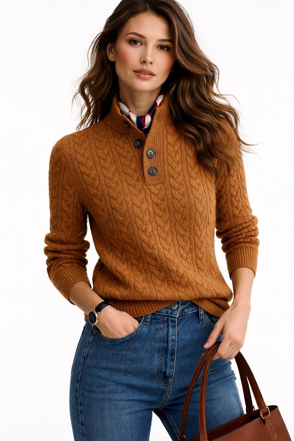Cable Knit Button-Neck Wool Blend Sweater for Women
