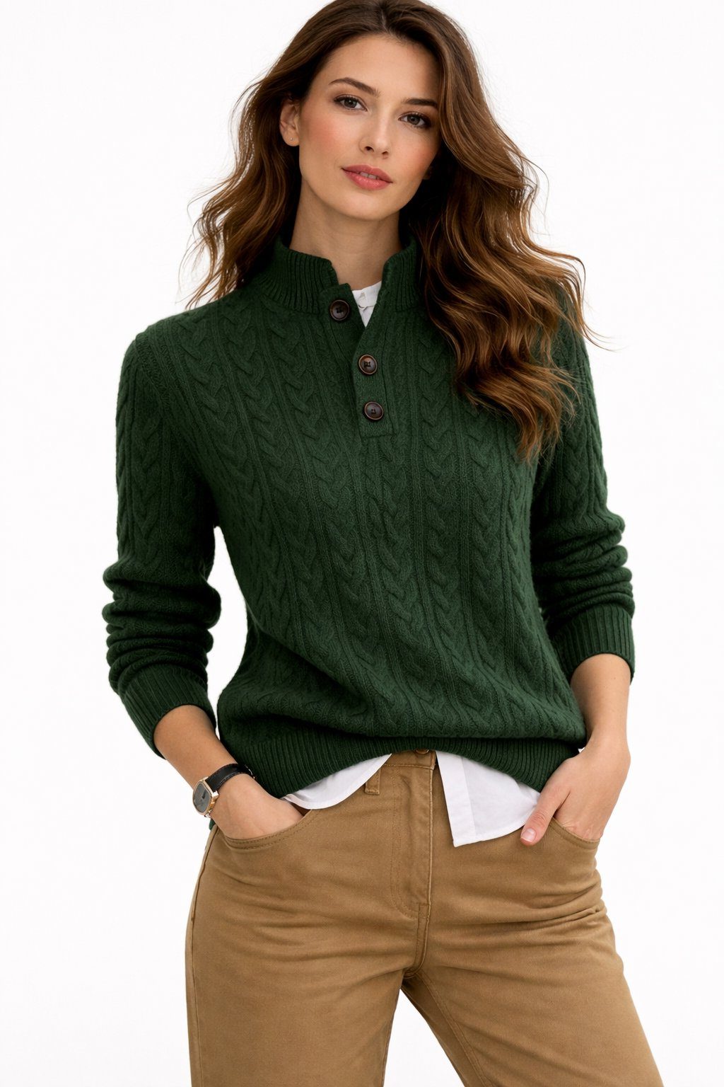 Cable Knit Button-Neck Wool Blend Sweater for Women