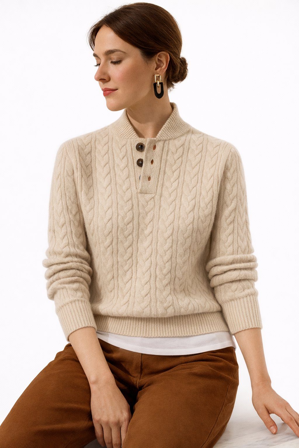 Cable Knit Button-Neck Wool Blend Sweater for Women - Khaki