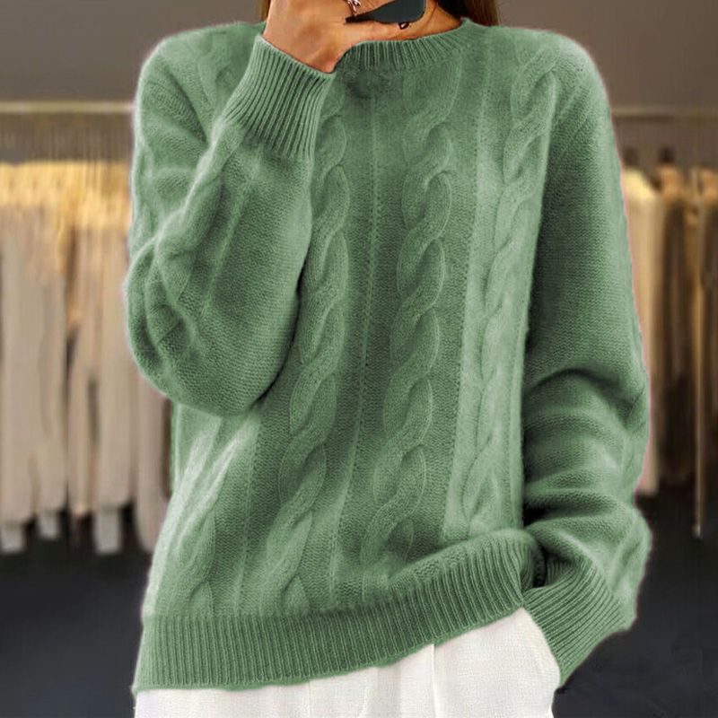 Cable Knit Crew Neck Pullover for Women - Green