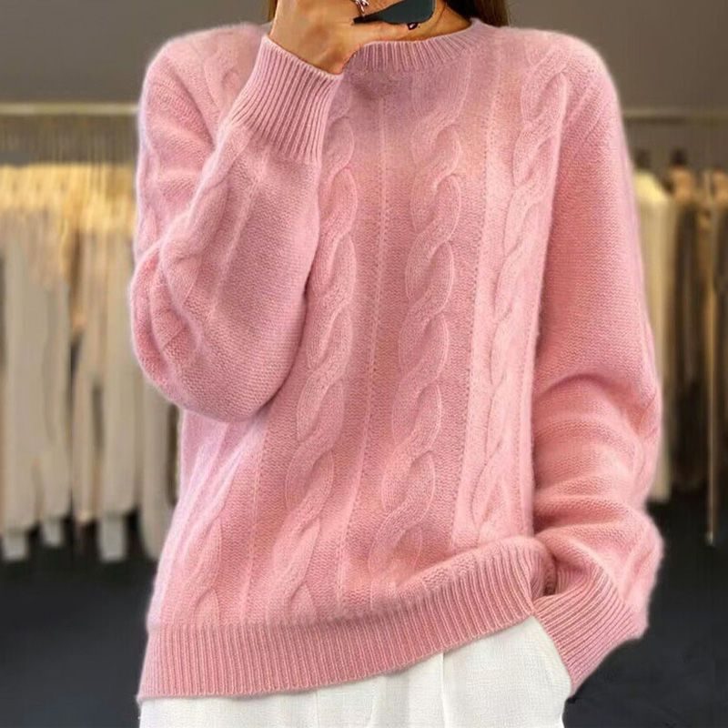 Cable Knit Crew Neck Pullover for Women - Rose