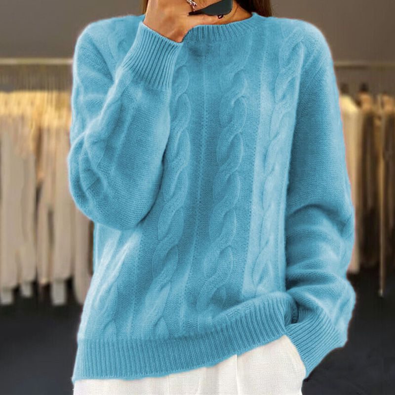 Cable Knit Crew Neck Pullover for Women - Blue