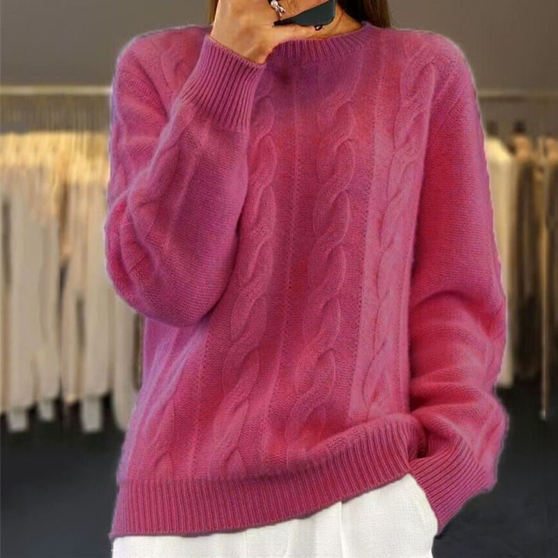 Cable Knit Crew Neck Pullover for Women - Dark Pink