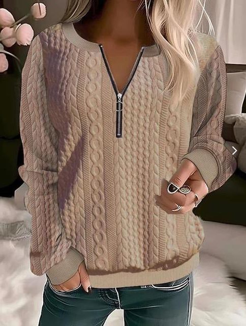 Cable Knit Half-Zip Cropped Jumper for Women - Khaki