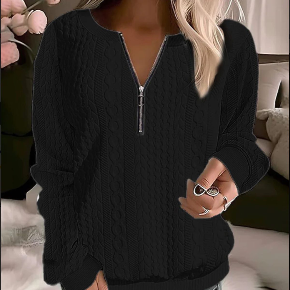 Cable Knit Half-Zip Cropped Jumper for Women - Black