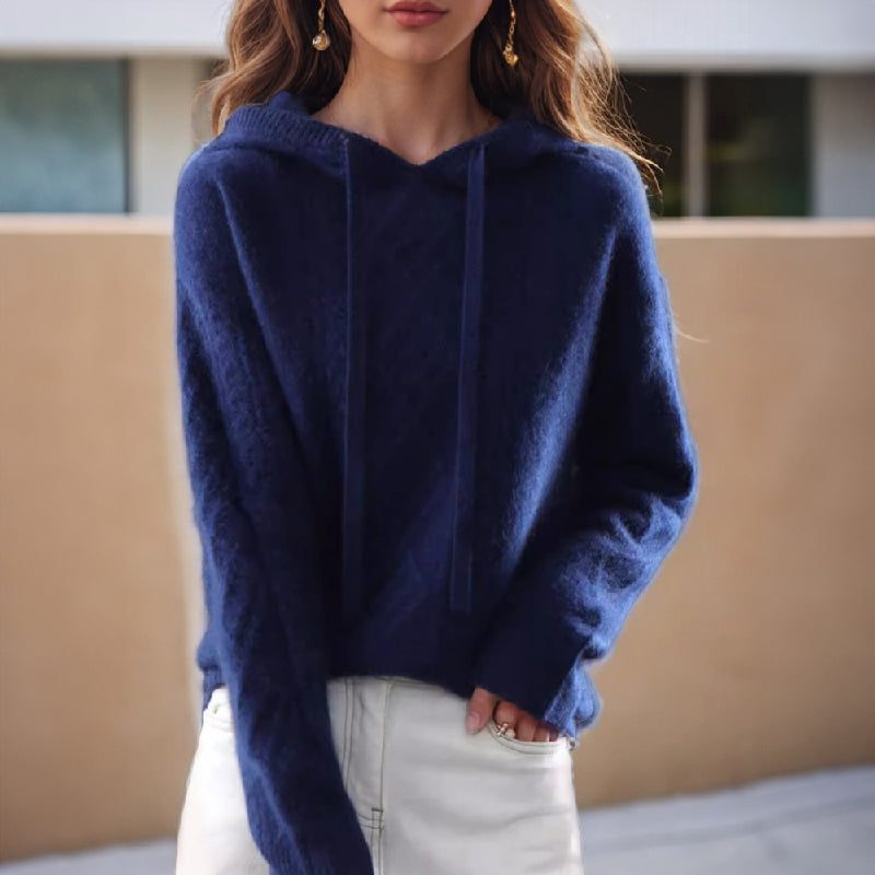 Cable Knit Hooded Pullover Sweater for Women - Blue