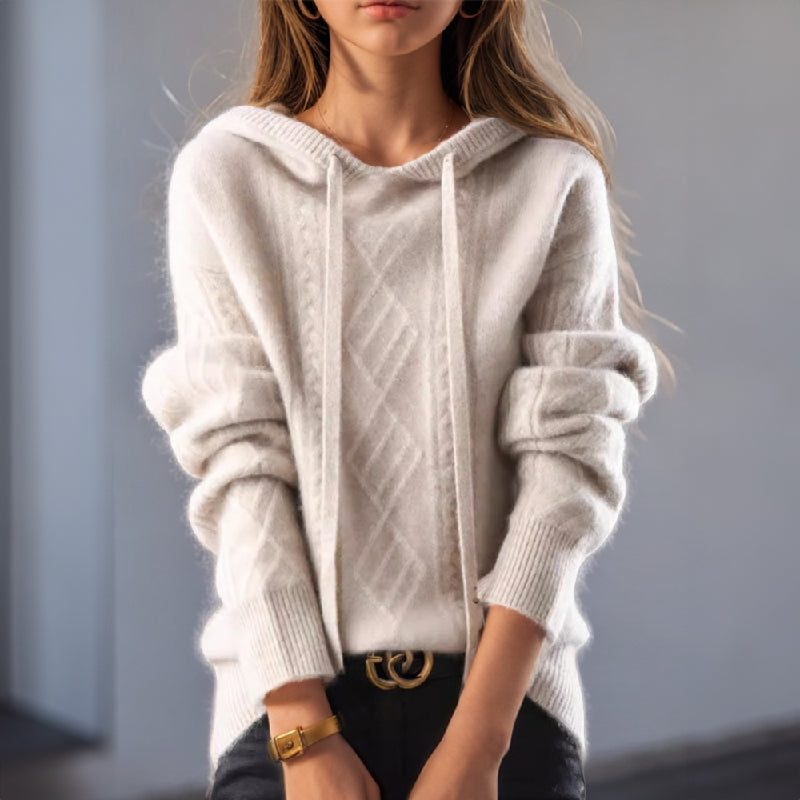 Cable Knit Hooded Pullover Sweater for Women - Beige