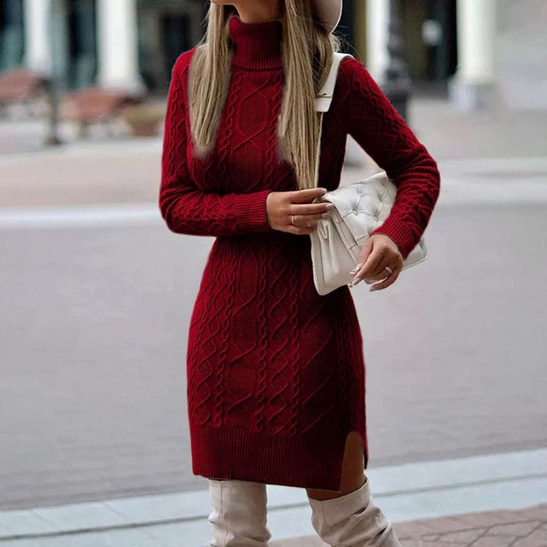Cable Knit Midi Turtleneck Dress with Side Slit for Women