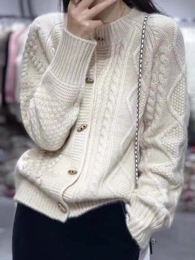 Cable Knit Oversized Cardigan with Button Placket for Women - White