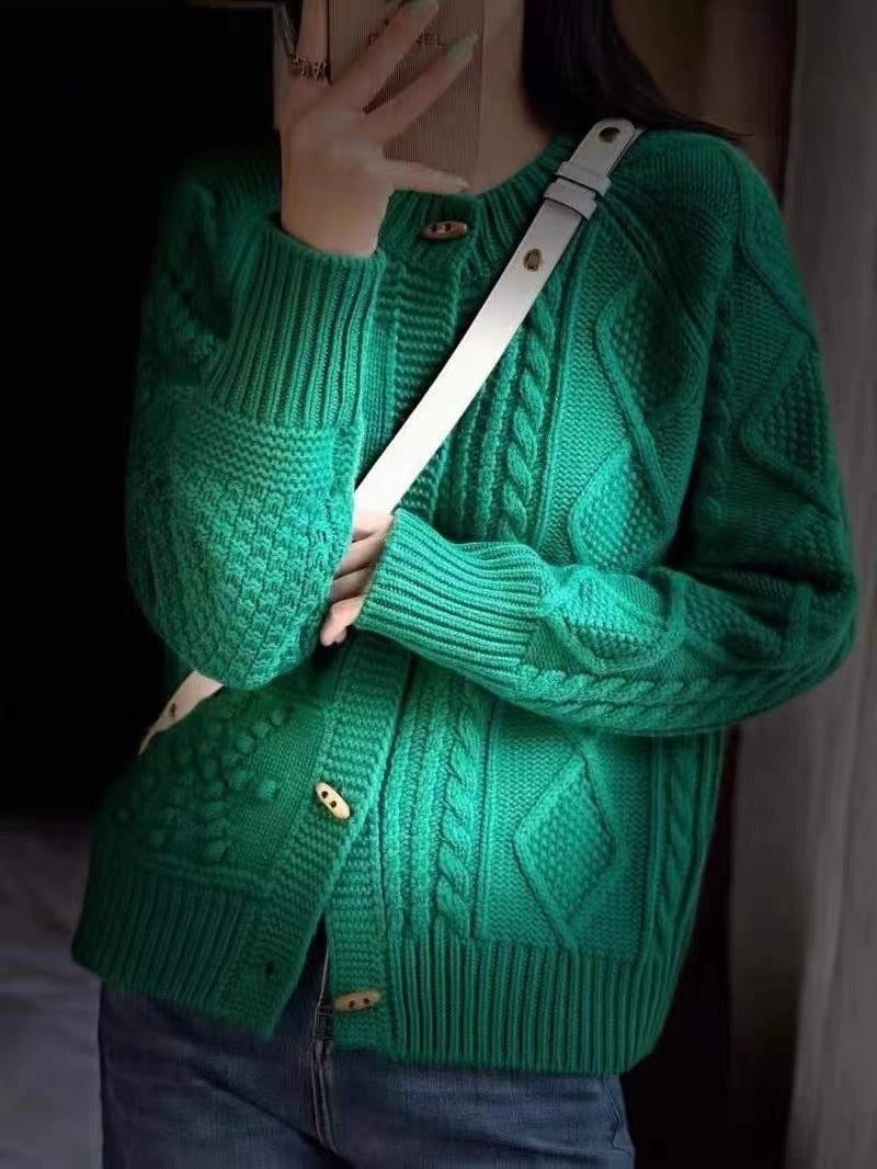 Cable Knit Oversized Cardigan with Button Placket for Women