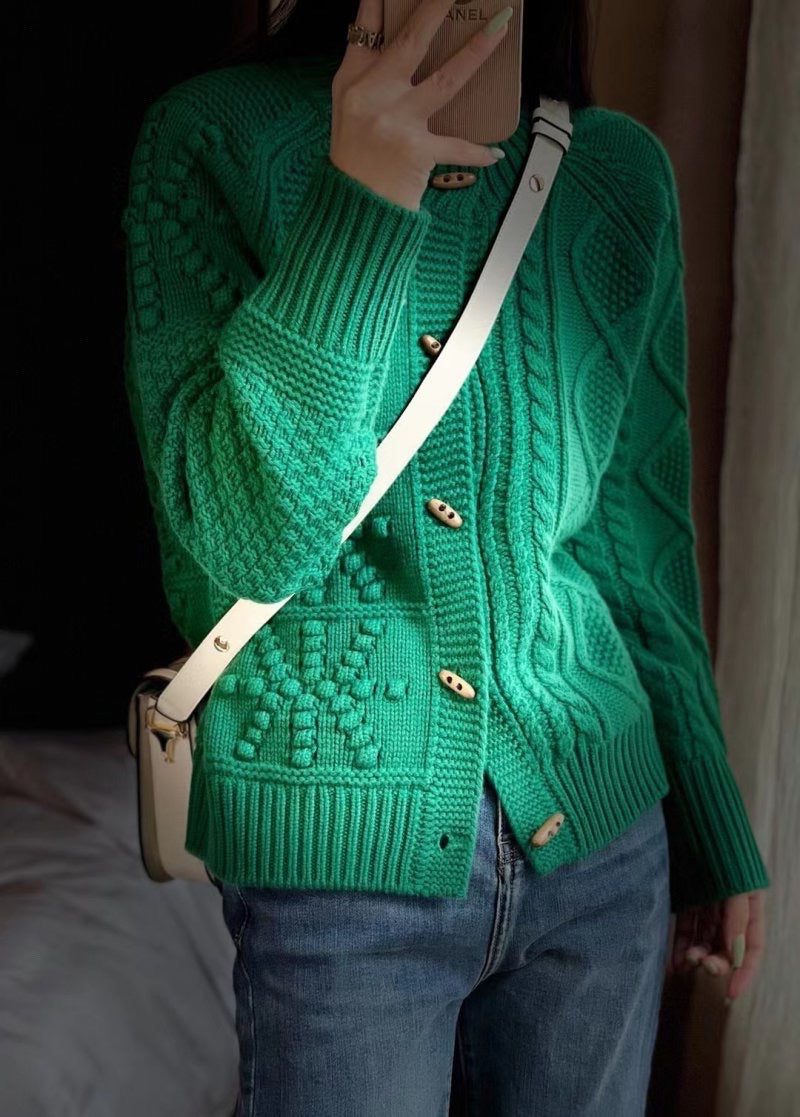Cable Knit Oversized Cardigan with Button Placket for Women - Green