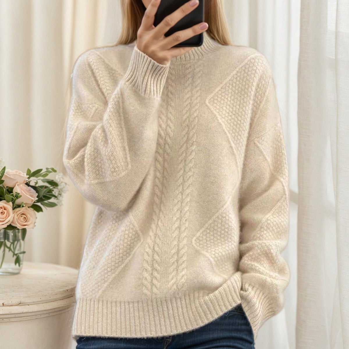 Cable Knit Oversized Sweater with Stand Collar for Women - Beige