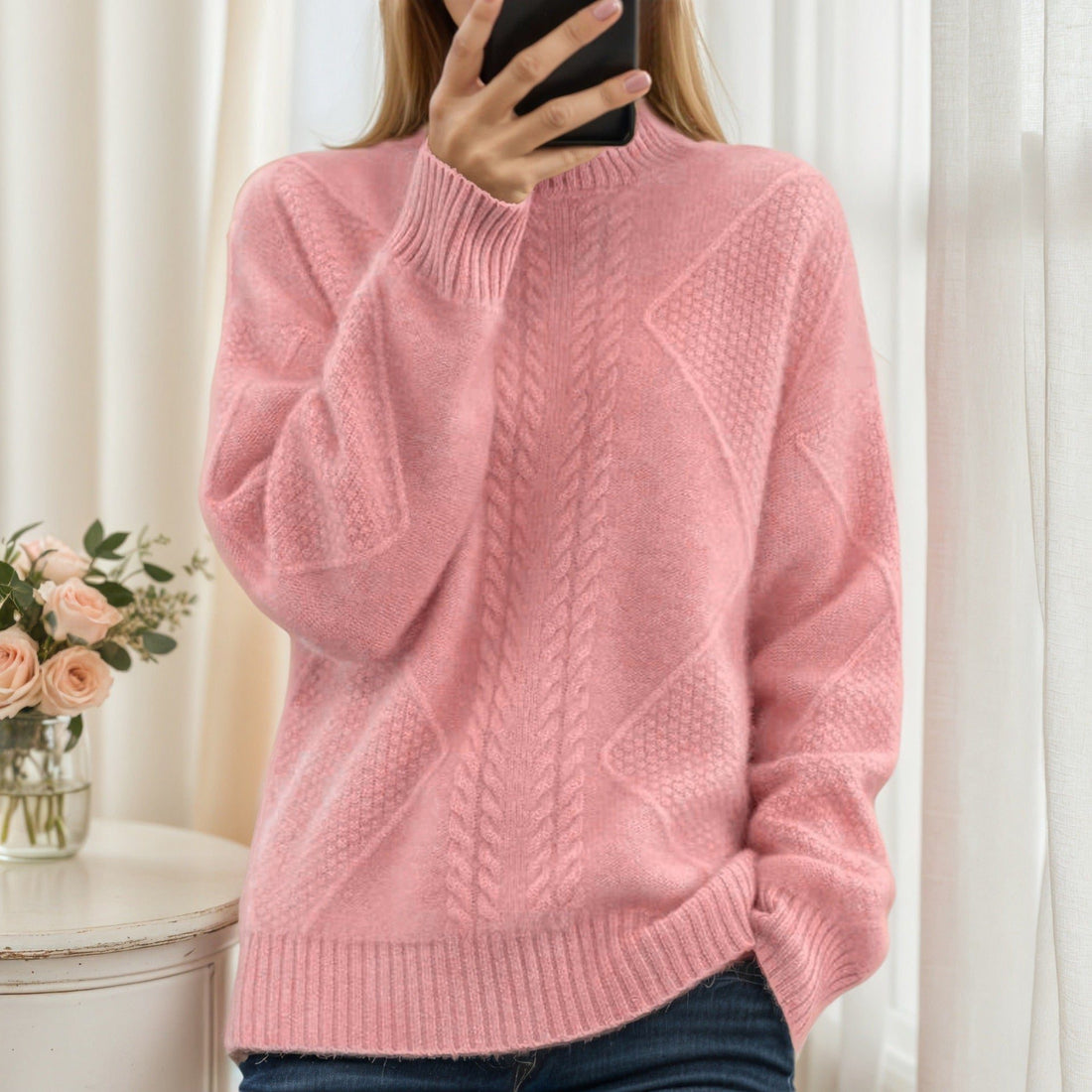 Cable Knit Oversized Sweater with Stand Collar for Women