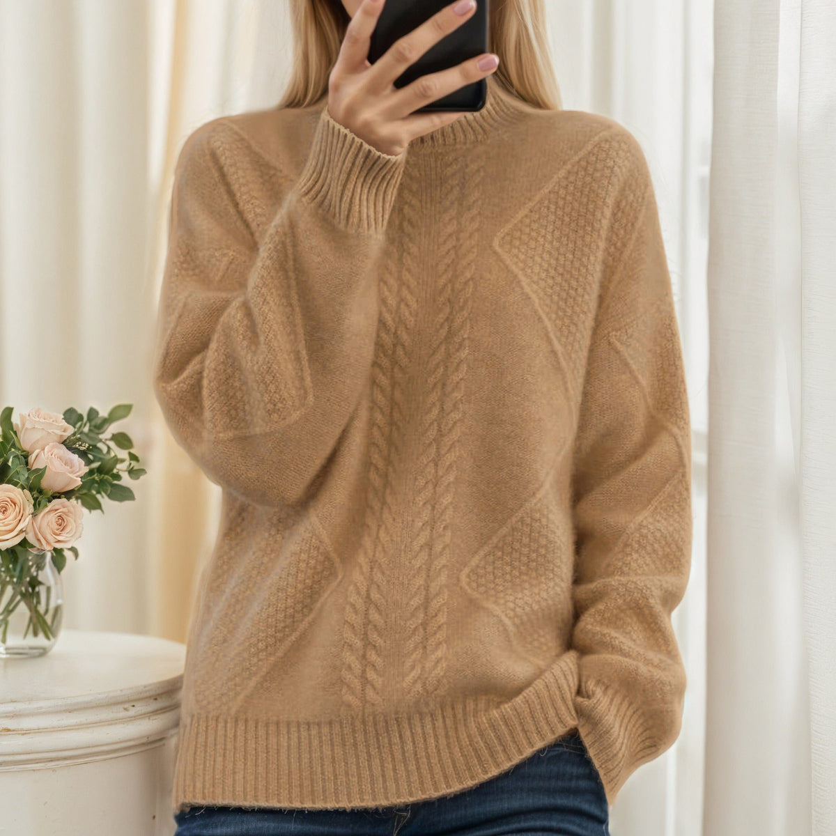 Cable Knit Oversized Sweater with Stand Collar for Women - Gold camel