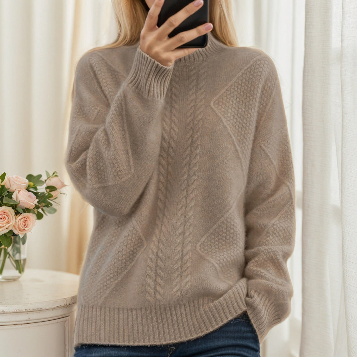Cable Knit Oversized Sweater with Stand Collar for Women - Dark camel
