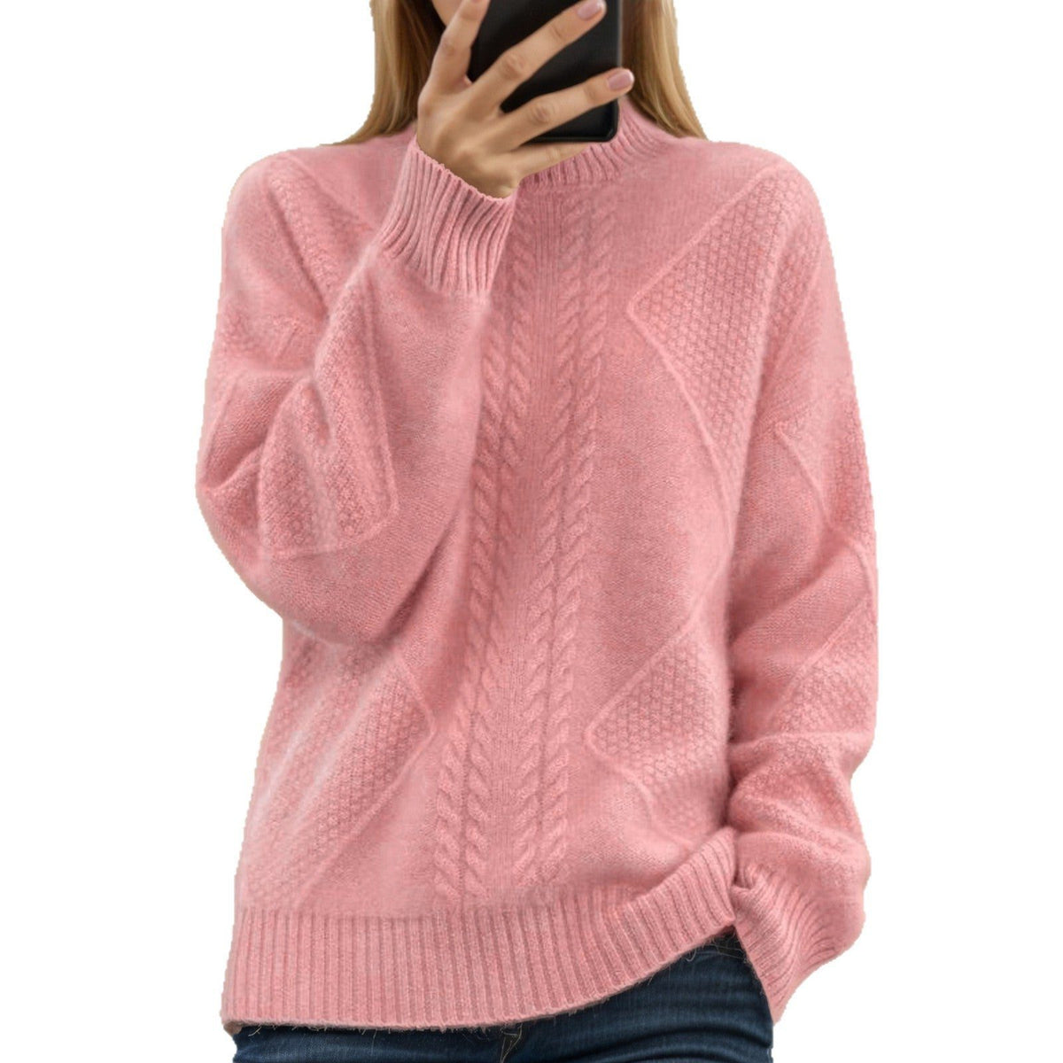 Cable Knit Oversized Sweater with Stand Collar for Women - View 5