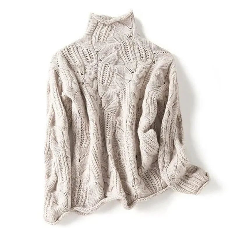 Cable Knit Roll Neck Pullover for Women - Beige