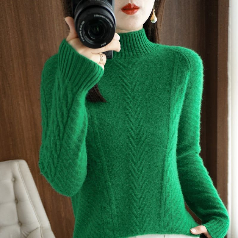 Cable Knit Stand Collar Sweater for Women - Emerald Green