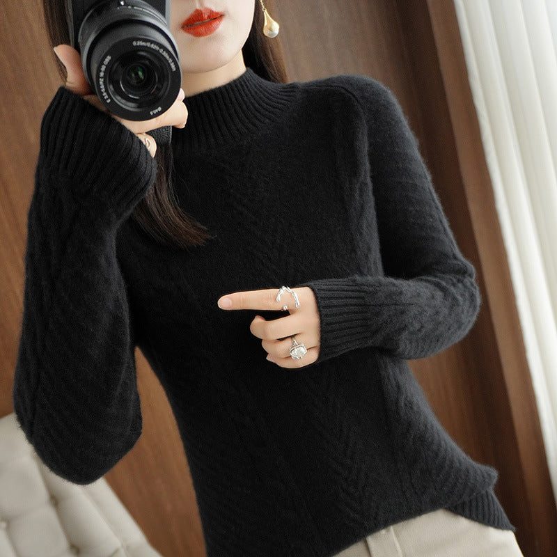 Cable Knit Stand Collar Sweater for Women - Black